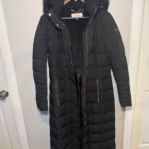 Calvin Klein Black Long Puffer Coat Faux Fur Hood – Size M